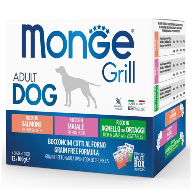 Набор влажного корма MONGE DOG GRILL MIX для собак, с лососем, ягнёнком, свининой, 12×100 г