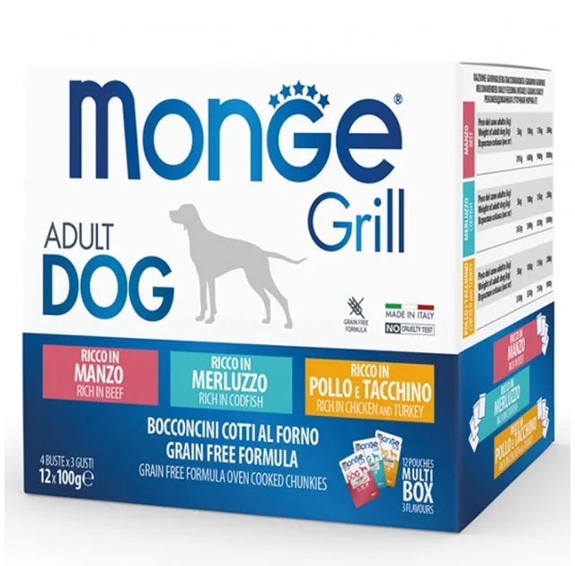 Набор влажного корма MONGE DOG GRILL MIX для собак, с треской, индейкой и курицей, говядиной, 12×100 г