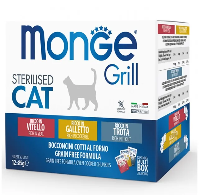 Набор влажного корма MONGE CAT GRILL MIX для стерилизованных кошек, с петушком, форелью, телятиной, 12×100 г