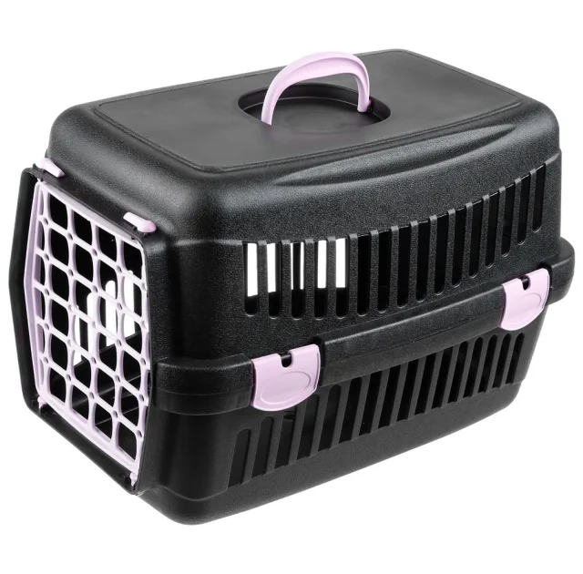 Переноска AnimAll для кошек и собак, чёрная с фиолетовой дверью, 48.5×32.5×32.5 см