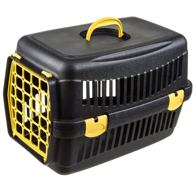 Переноска AnimAll для котів і собак, чорна з жовтими дверима, 48.5×32.5×32.5 см
