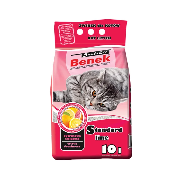 Бентонітовий наповнювач Super Benek Standart для котячого туалету, з ароматом цитрусової свіжості, 10 л.