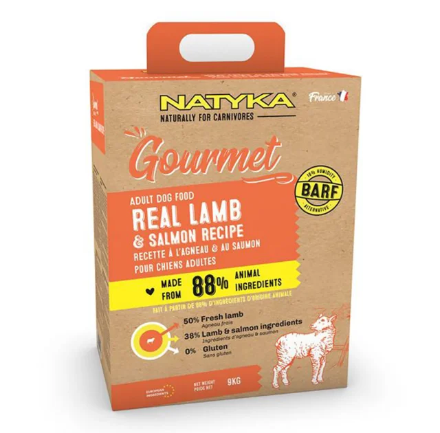 Напіввологий корм Natyka Gourmet Adult Lamb&Salmon для дорослих собак, рецепт з ягням і лососем, 9 кг