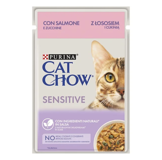 Влажный корм Purina Cat Chow Sensitive для кошек с чувствительным пищеварением, лосось и цуккини в соусе, 85 г