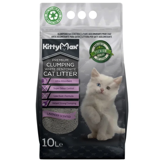 Бентонітовий наповнювач Kitty Max для котячого туалету, з ароматом лаванди, білий, 10 л