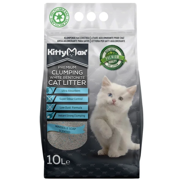 Бентонітовий наповнювач Kitty Max для котячого туалету, з ароматом марсельського мила, білий, 10 л