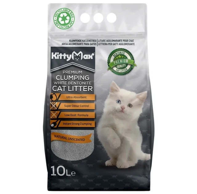 Бентонітовий наповнювач Kitty Max для котячого туалету, без аромату, білий, 10 л