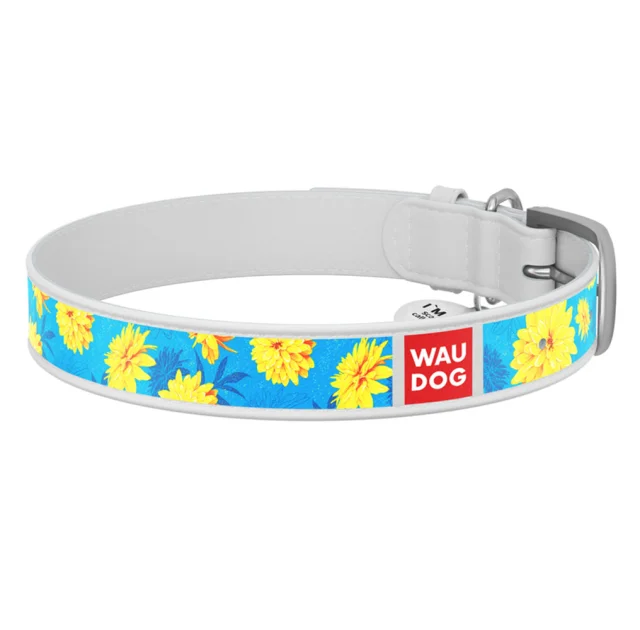 Нашийник WAUDOG Design з малюнком "Квіти на блакитному", пряжка метал, ширина 12 мм, довжина 21-29 см, білий