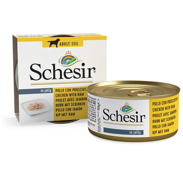 Консервы Schesir Chicken Ham для собак, куриное филе с ветчиной в желе, банка 150 г