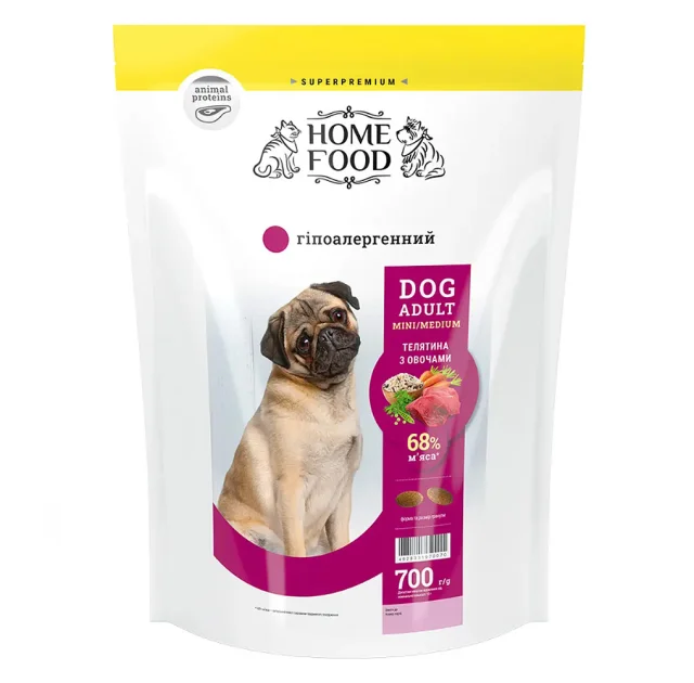 Сухой корм Home Food для собак мелких и средних пород, гипоаллергенный, телятина с овощами, 700 г