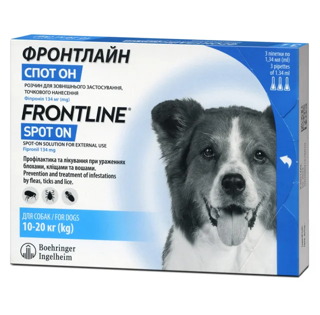 Капли Boehringer Ingelheim Фронтлайн Спот Он от блох и клещей для собак, M, 10-20 кг, цена за 1 пипетку