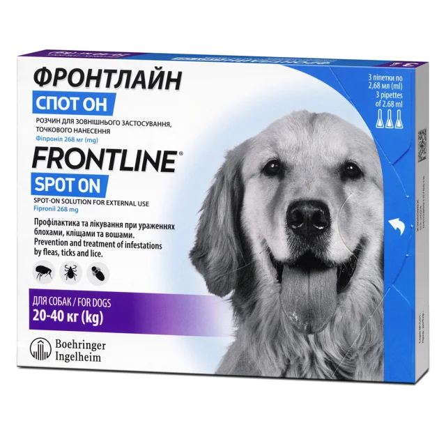 Капли Boehringer Ingelheim Фронтлайн Спот Он от блох и клещей для собак, L, 20-40 кг, цена за 1 пипетку