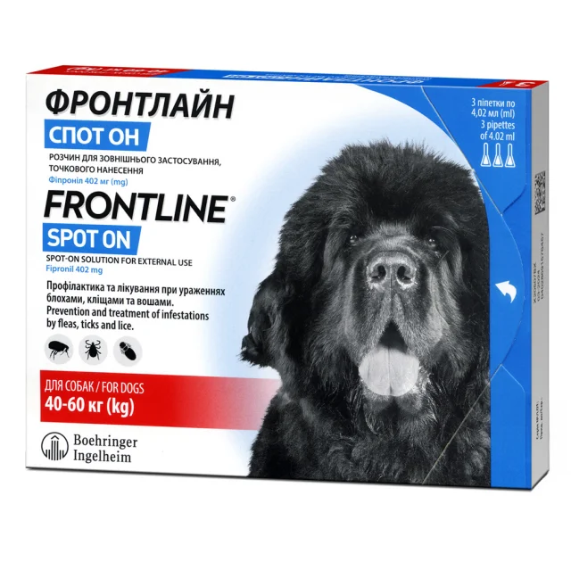 Капли Boehringer Ingelheim Фронтлайн Спот Он от блох и клещей для собак, XL, 40-60 кг, цена за 1 пипетку