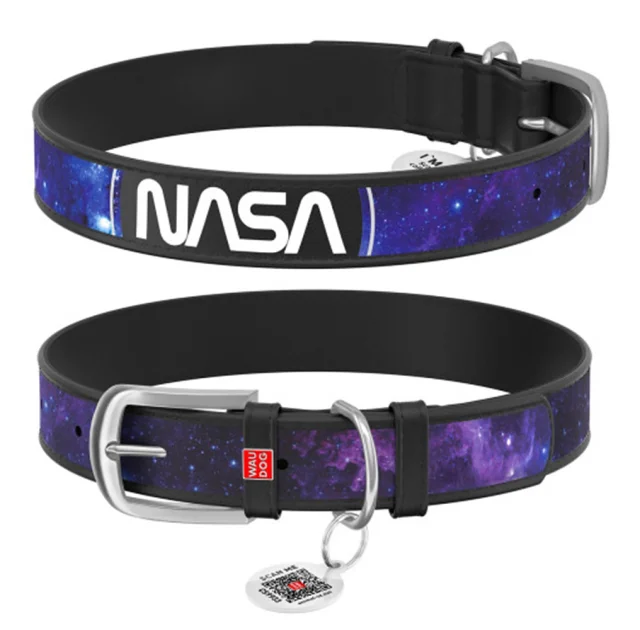 Ошейник Waudog Design с QR-паспортом для собак, рисунок "NASA21", кожа, размер L, 25 мм/38-49 см, чёрный