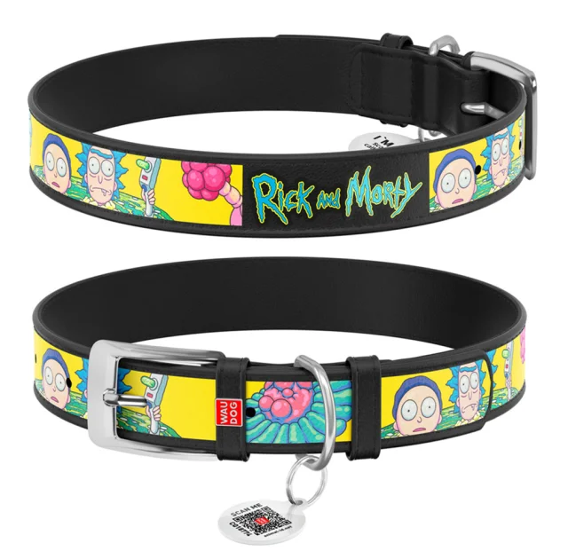 Нашийник Waudog Design з QR-паспортом для собак, шкіряний, малюнок "Рік і Морті 1", L, 25 мм/38-49 см, чорний