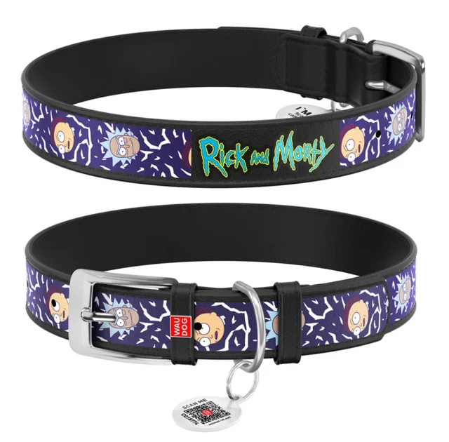 Нашийник Waudog Design з QR-паспортом для собак, шкіряний, малюнок "Рік і Морті 2", XL, 35 мм/46-60 см, чорний