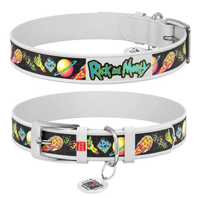 Нашийник Waudog Design з QR-паспортом для собак, шкіряний, малюнок "Рік і Морті 3", L, 25 мм/38-49 см, білий