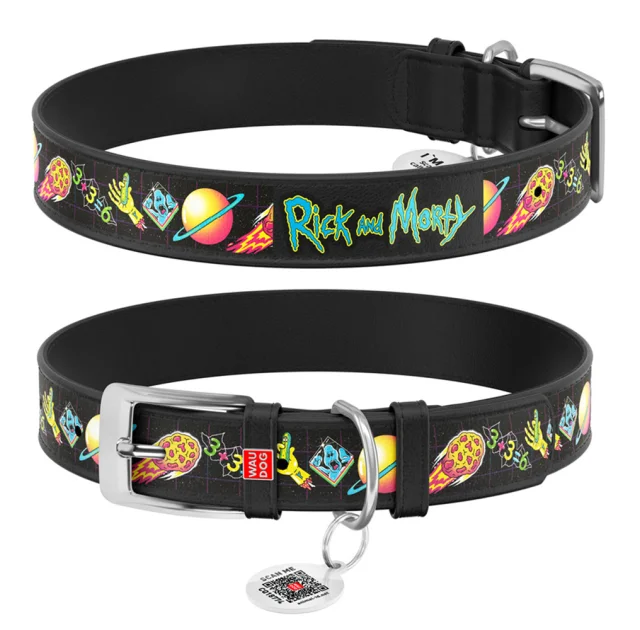 Нашийник Waudog Design з QR-паспортом для собак, шкіряний, малюнок "Рік і Морті 3", ХXS, 12 мм/19-25 см, чорний