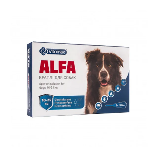 Краплі Vitomax ALFA протипаразитарні, для собак вагою від 10 до 25 кг, 3.6 мл, 3 піпетки