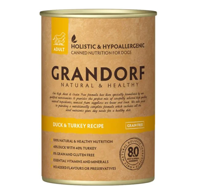 Консерви Grandorf Duck&Turkey для дорослих собак, з м'ясом качки та індички, 400 г