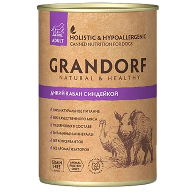 Консерви Grandorf Wild Boar&Turkey для дорослих собак, з м'ясом дикого кабана та індички, 400 г