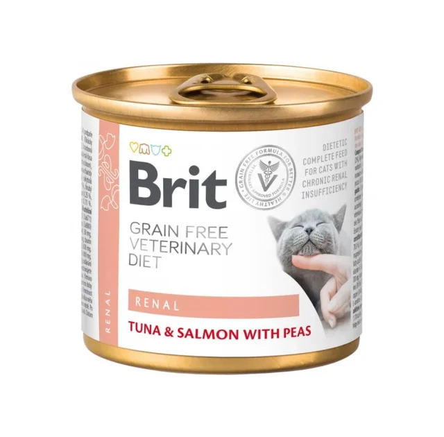 Консервы Brit VetDiets Cat Renal для кошек с хронической почечной недостаточностью, тунец, лосось с горохом, 200 г
