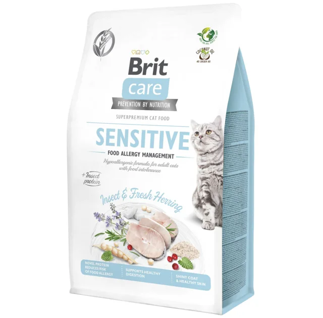 Сухой корм Brit Care Cat Sensitive GF Allergy Management для кошек с чувствительным пищеварением, с насекомыми и селедкой, 400 г