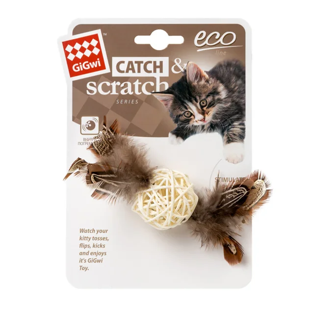 Іграшка GiGwi Catch&Scratch Плетений м'ячик з дзвіночком та пір'ям, для котів, 13 см