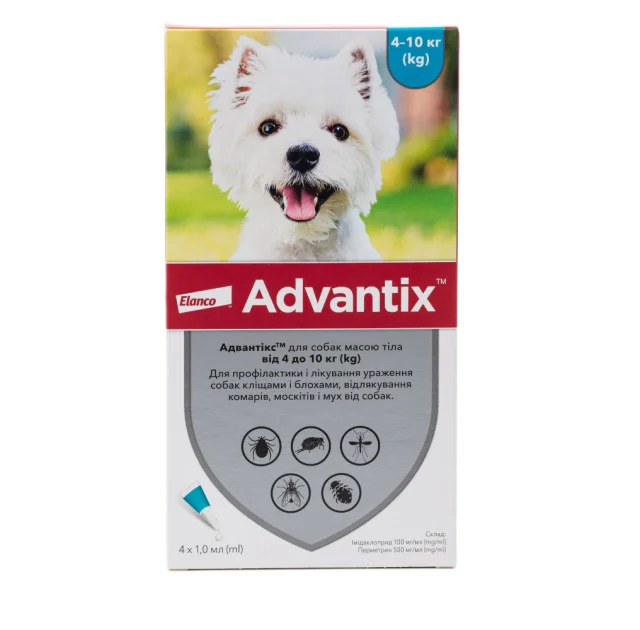 Капли от блох и клещей Elanco Advantix для собак весом 4-10 кг, цена за 1 пипетку
