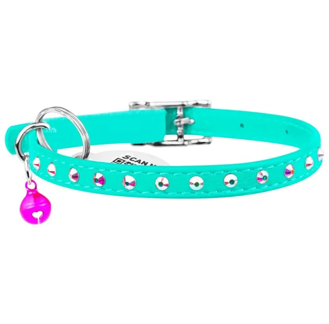 Нашийник Waudog Glamour з гумкою, клейові стрази, для котів, 9 мм х 22-30 см, ментоловий
