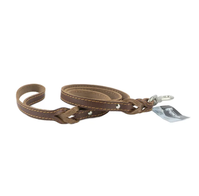 Повідець Cristel для собак, шкіра зеніт, лакований, з проплетом, 16 мм / 130 см, коньяк