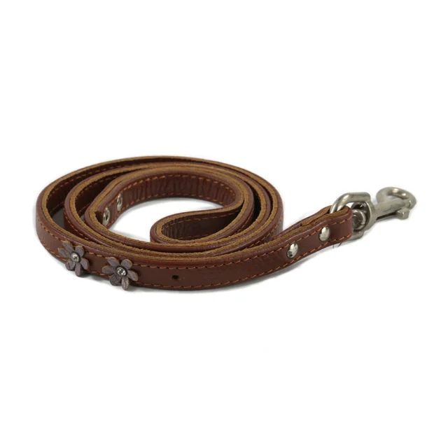 Повідець Cristel для собак, тришаровий, з фурнітурою, заклепками і стразами "квіти", шкіра, 15 мм, коричневий