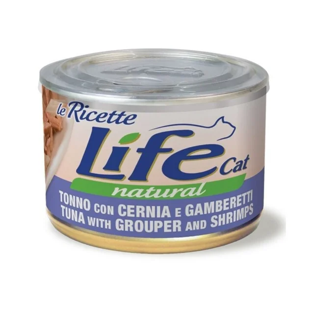 Консерва LifeCat Tuna With Grouper And Shrimps для кошек от 6 месяцев, тунец с окунем и креветками, 150 г