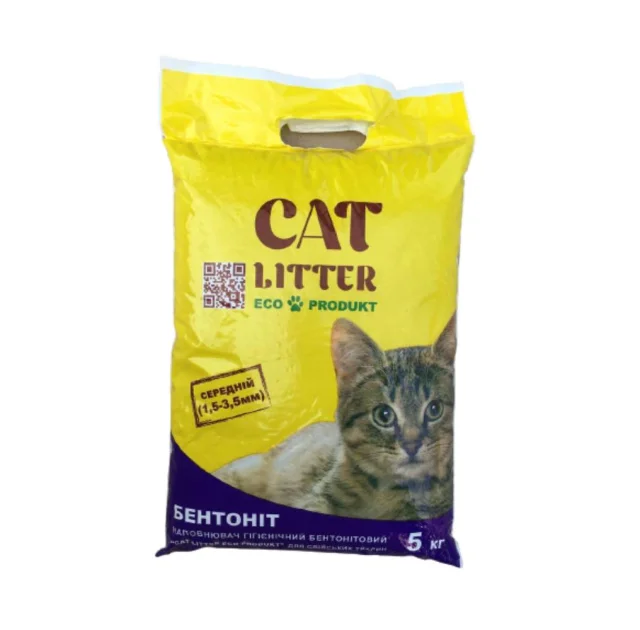 Бентонітовий наповнювач Cat Litter для домашніх тварин, середня фракція (1.5-3.5 мм), 5 кг
