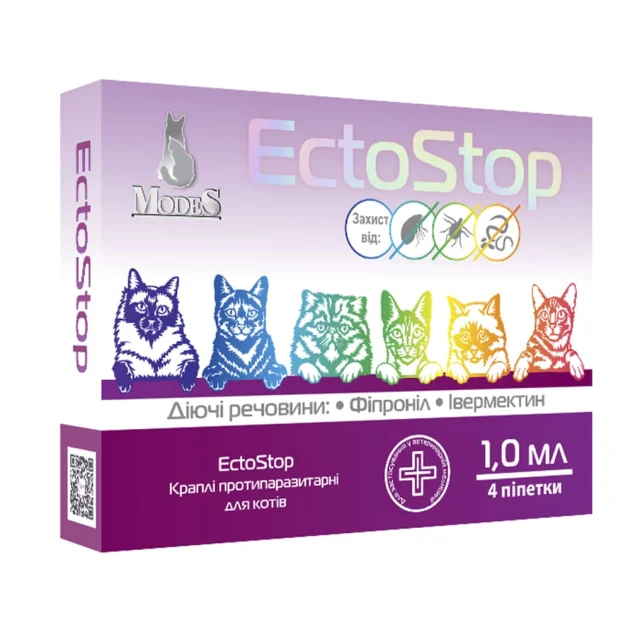 Капли Modes EctoStop противопаразитарные для кошек весом 4-8 кг, 1 мл, цена за 1 пипетку
