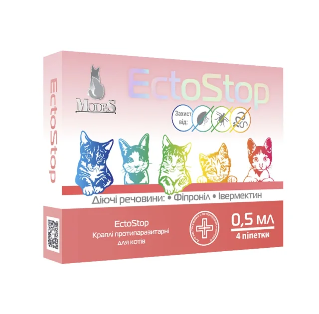 Капли Modes EctoStop противопаразитарные для кошек весом до 4 кг, 0.5 мл, цена за 1 пипетку