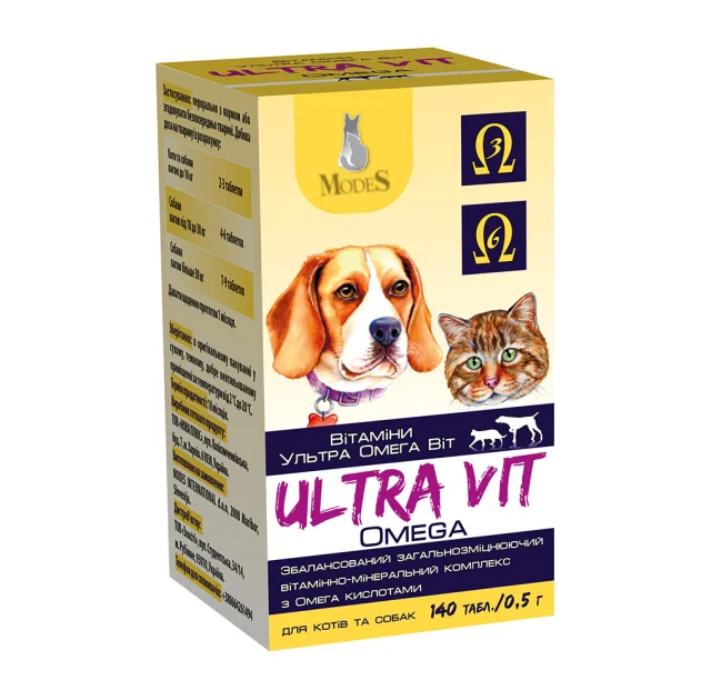 Витаминно-минеральный комплекс Modes Ultra Vit Omega с Омега кислотами, для собак и кошек, 140 табл