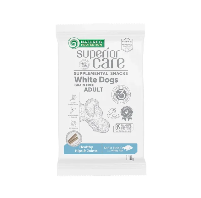 Беззернові ласощі Natures Protection Superior Care для білих собак, для здоров'я суглобів, з білою рибою, 110 г