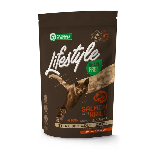 Беззерновой сухой корм Natures Protection Lifestyle Sterilised для стерилизованных кошек, с лососем и крилем, 400 г