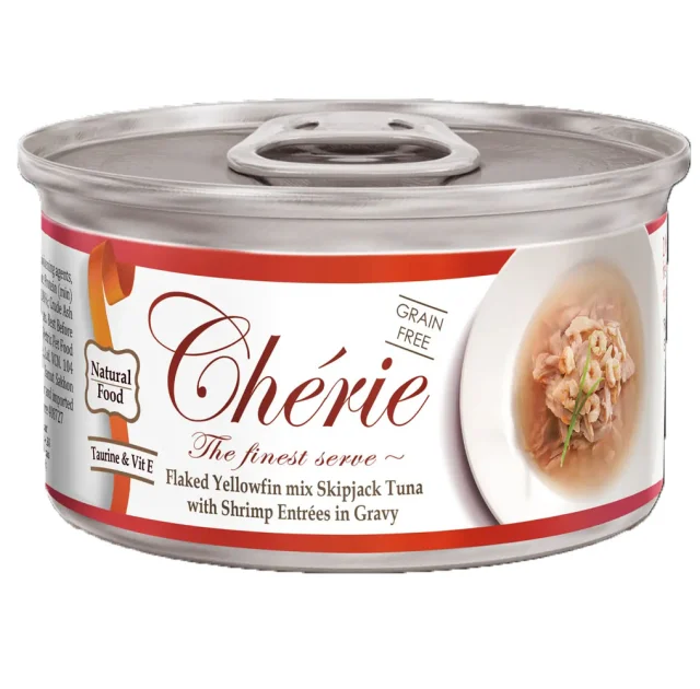 Консерви Cherie Signature для котів, ніжні шматочки жовтоперого та смугастого тунця і креветок в соусі, 80 г