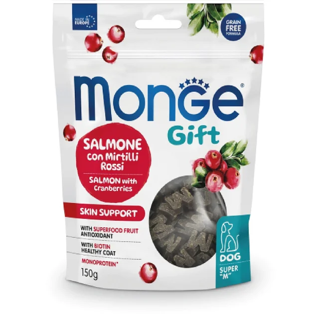 Лакомство Monge Gift Dog Skin support для собак с чувствительной кожей, лосось с клюквой, 150 г
