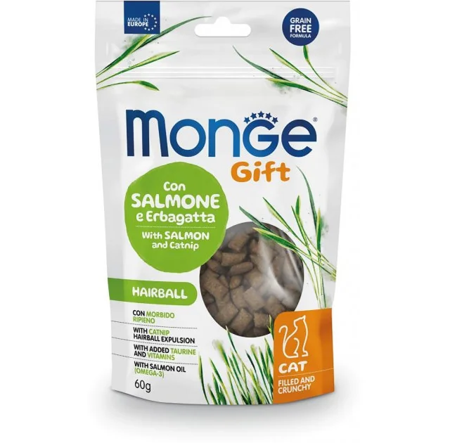 Лакомство Monge Gift Cat Hairball для кошек, от шерстяных комков, лосось и кошачья мята, 60 г