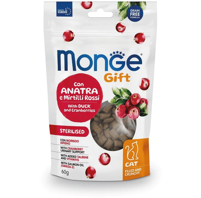 Лакомство Monge Gift Cat Sterilsed для стерилизованных кошек, с уткой и клюквой, 60 г