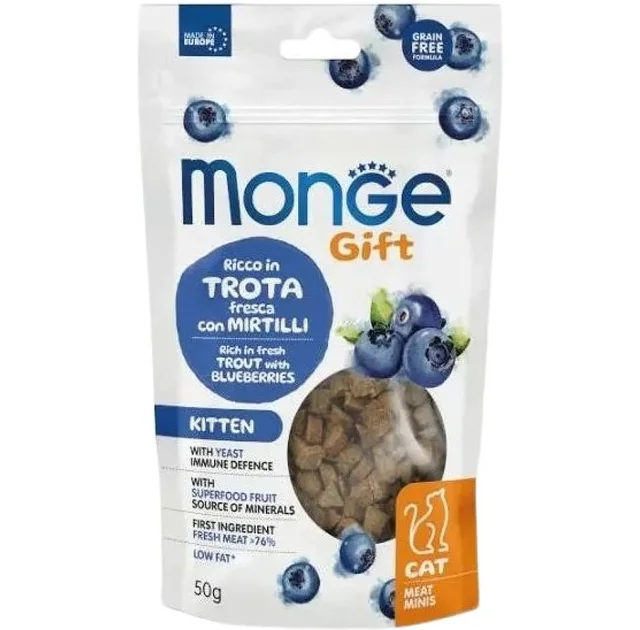 Лакомство Monge Gift Cat Kitten для кошек, форель с черникой, 50 г