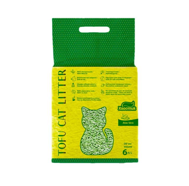 Соєвий наповнювач Хвостик Tofu Cat Litter Aloe Vera для котячого туалету, з ароматом алое віра, 2.6 кг (6 л)