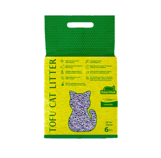 Соєвий наповнювач Хвостик Tofu Cat Litter Lavender для котячого туалету, з ароматом лаванди, 2.6 кг (6 л)