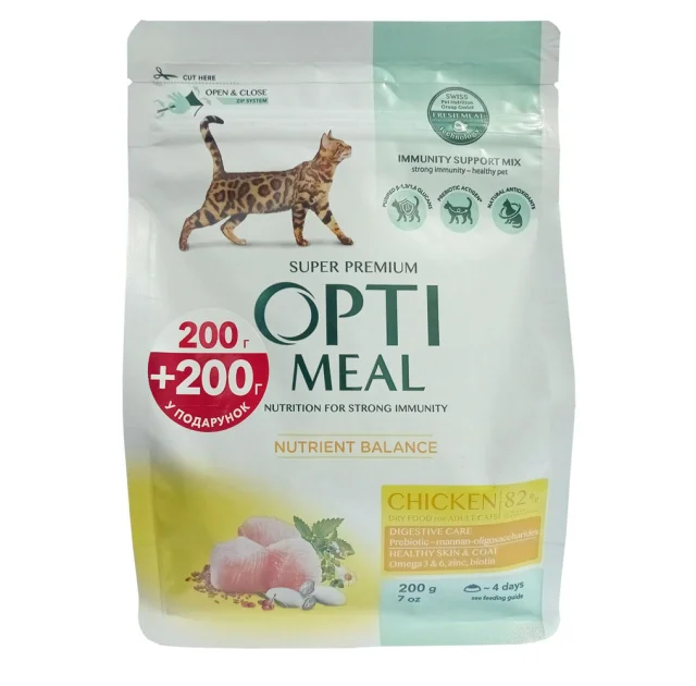 Сухой корм Optimeal для взрослых кошек, с курицей, 200+200 г