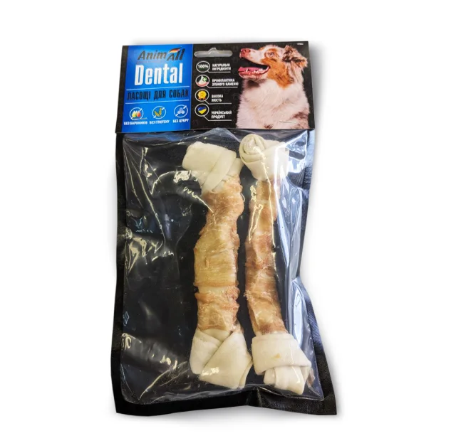Кістка AnimAll Dental баварська вузлова, для собак, з м'ясом курки, 17-19 см, 2 штуки
