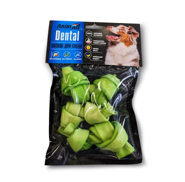 Кістка AnimAll Dental мюнхенська вузлова, для собак, зі спіруліною, 8-9 см, 3 штуки
