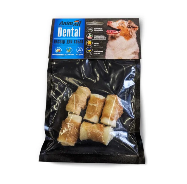 Ласощі AnimAll Dental трубочка рулетик, для собак, з м'ясом курки, 4-5 см, 5 штук